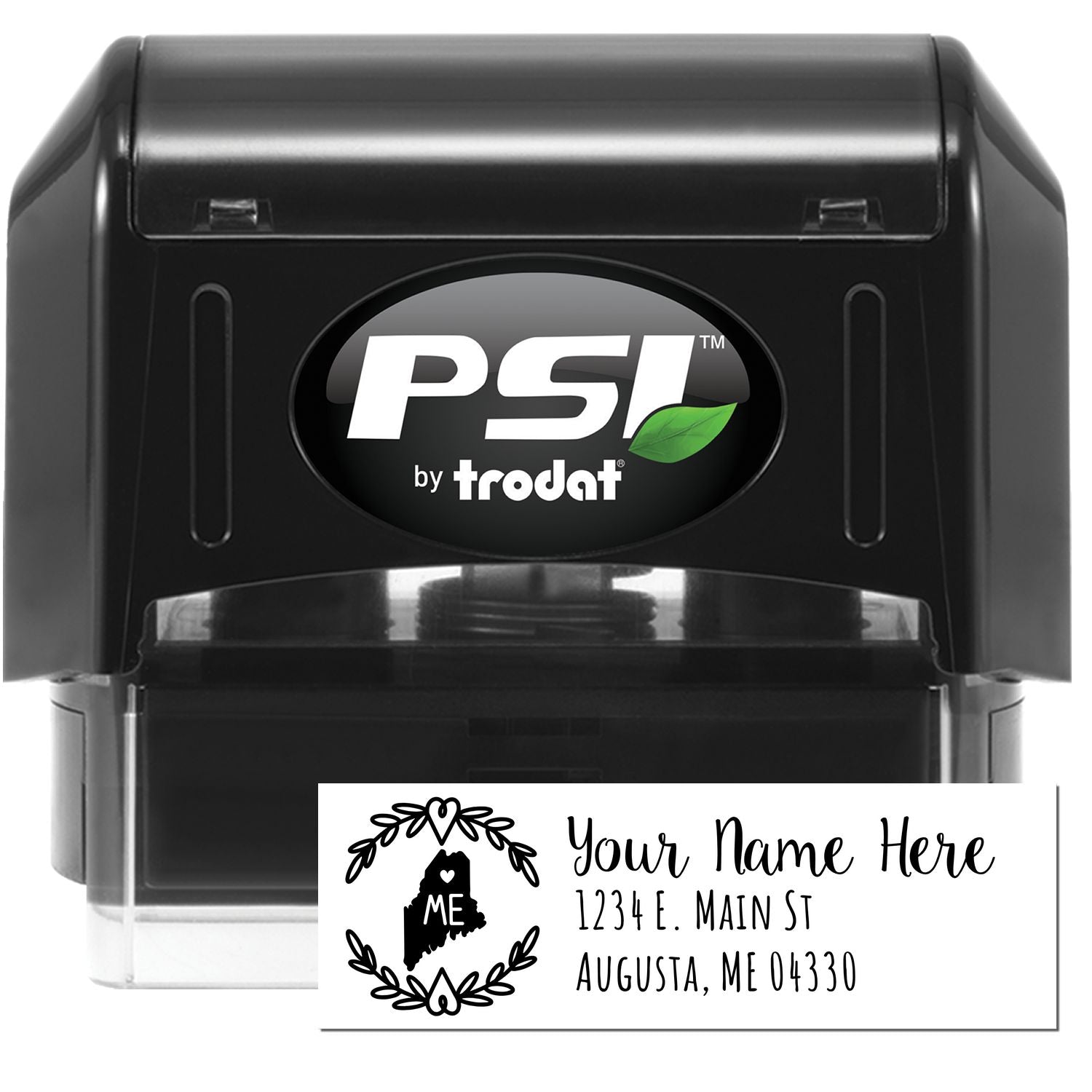 Image of a PSI Pre-Inked Maine State Customized Address Stamp, featuring a black casing with a sample address imprint showing Your Name Here and a Maine state outline.