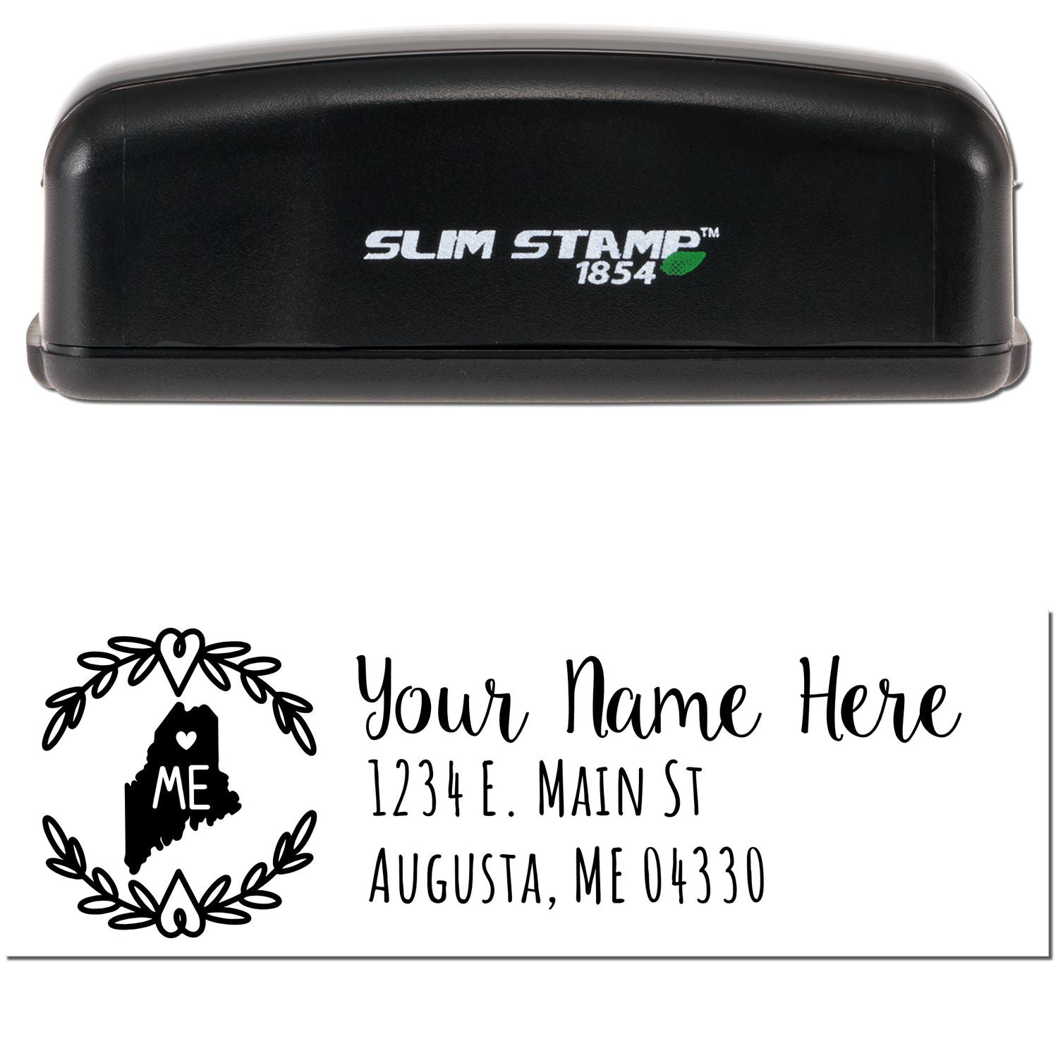 Slim Maine Personalized Pre-Inked Address Stamp with a sleek black design, featuring customizable text and a Maine state outline with a heart. Perfect for adding a personal touch to your mail.