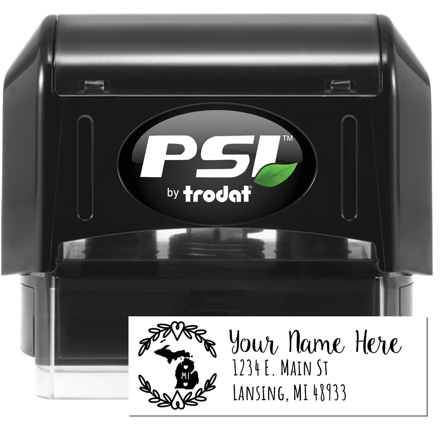 PSI Pre-Inked Michigan State Customized Address Stamp, featuring a black casing and a sample imprint with a Michigan map design, customizable name, and address. Ideal for personalizing mail.