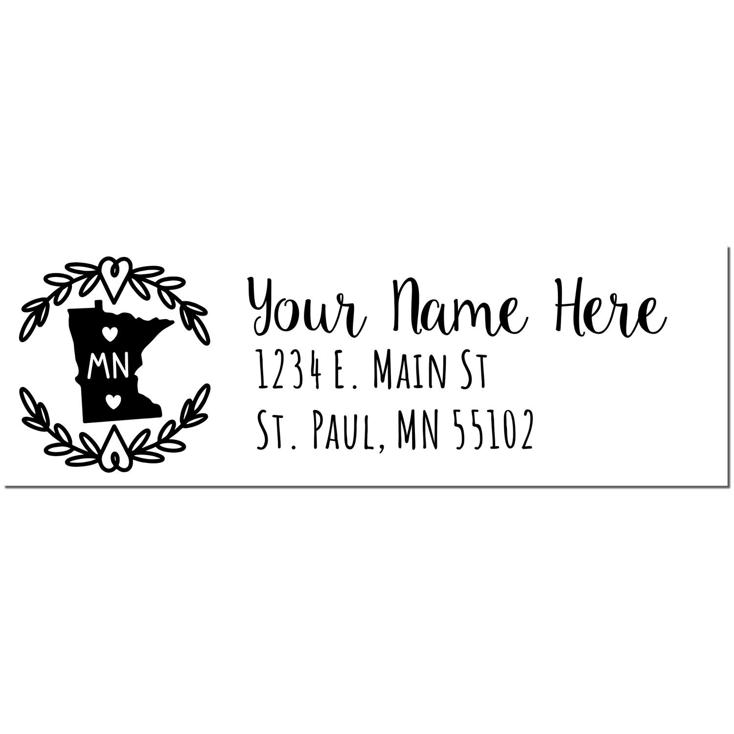 Minnesota State Custom Return Address Stamp featuring a heart-accented state outline and personalized text for name and address. Perfect for adding a personal touch to your mail.