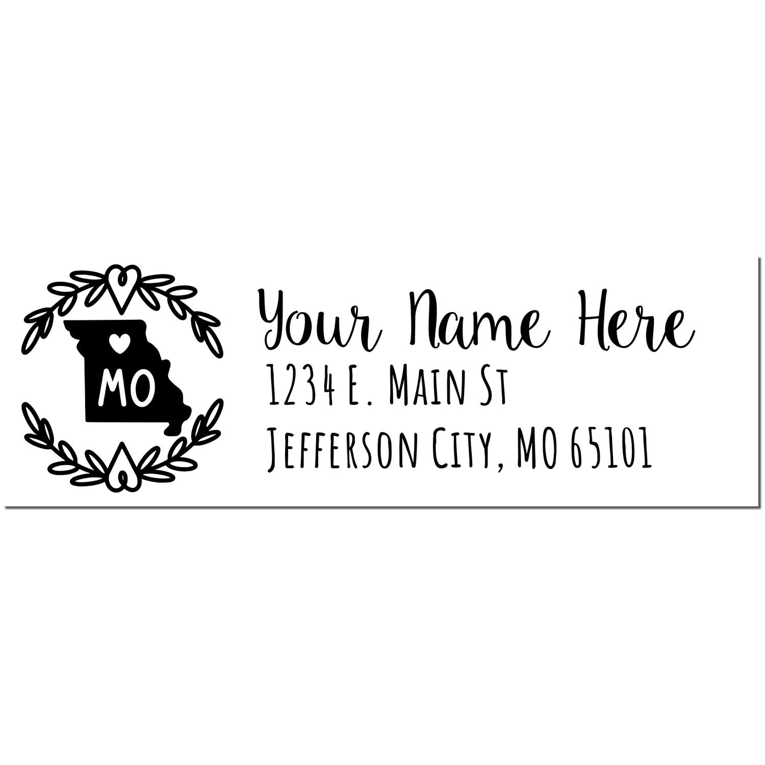 Self-Inking State Wreath of Missouri Address Stamp featuring a Missouri outline with a heart and wreath design. Customizable text for name and address in a stylish font.