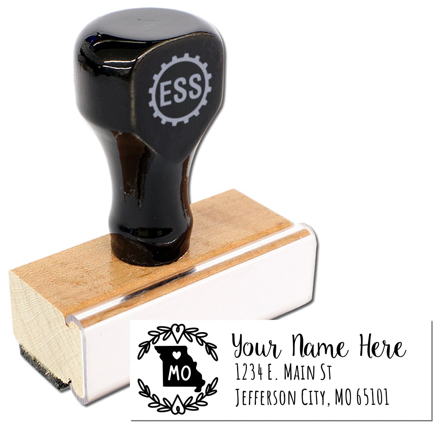 Missouri State Custom Return Address Stamp with a wooden base and black handle. Features a decorative design with MO and space for personalized address details.