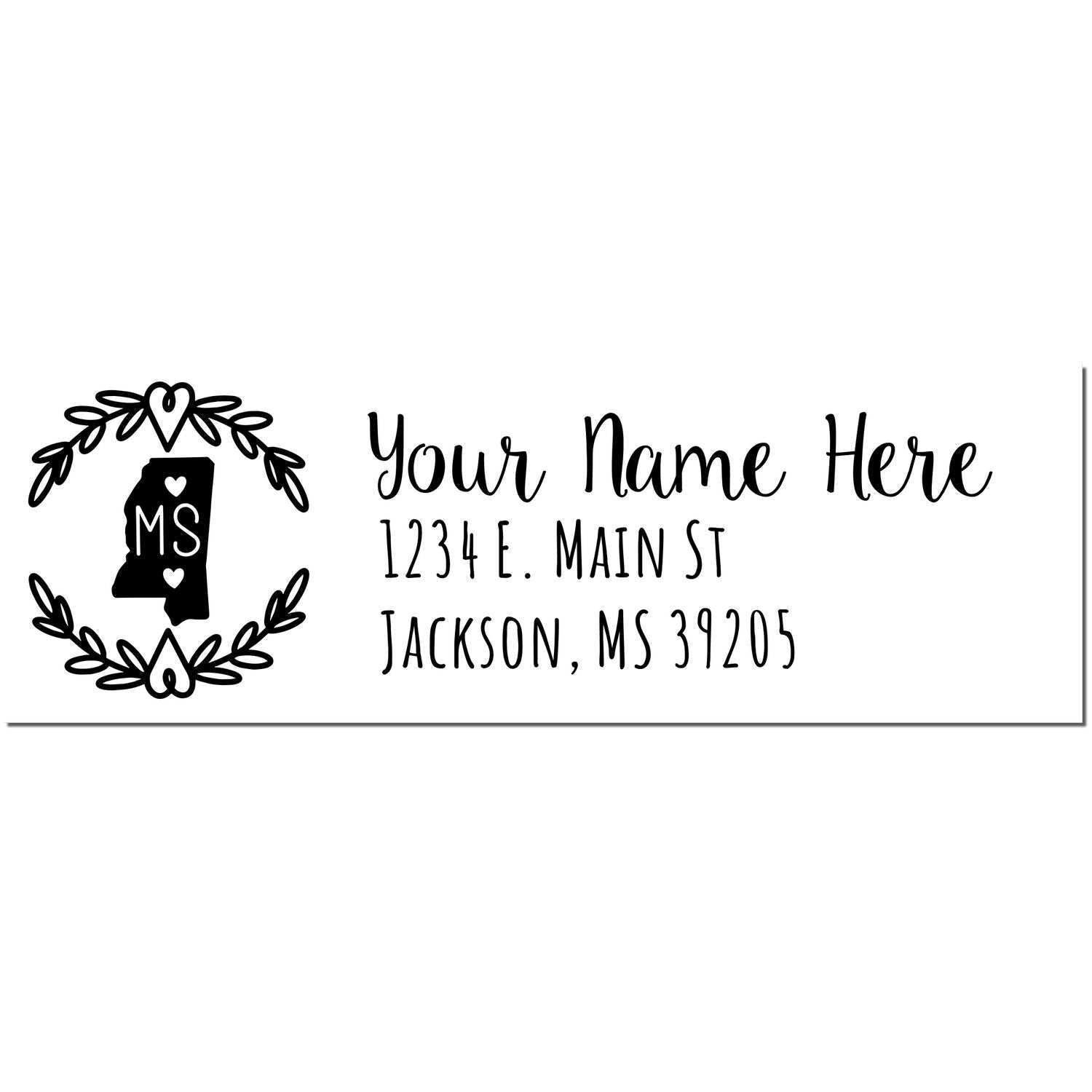 PSI Pre-Inked Mississippi State Customized Address Stamp featuring a decorative state outline with hearts and laurel, personalized with name and address in elegant script.