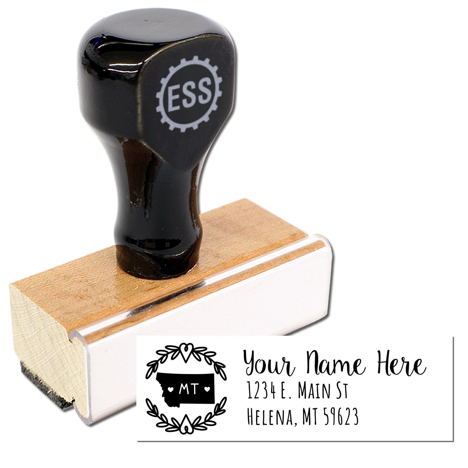 Montana State Custom Return Address Stamp with wooden base and black handle, featuring a decorative MT design and sample address: 1234 E. Main St, Helena, MT 59623.