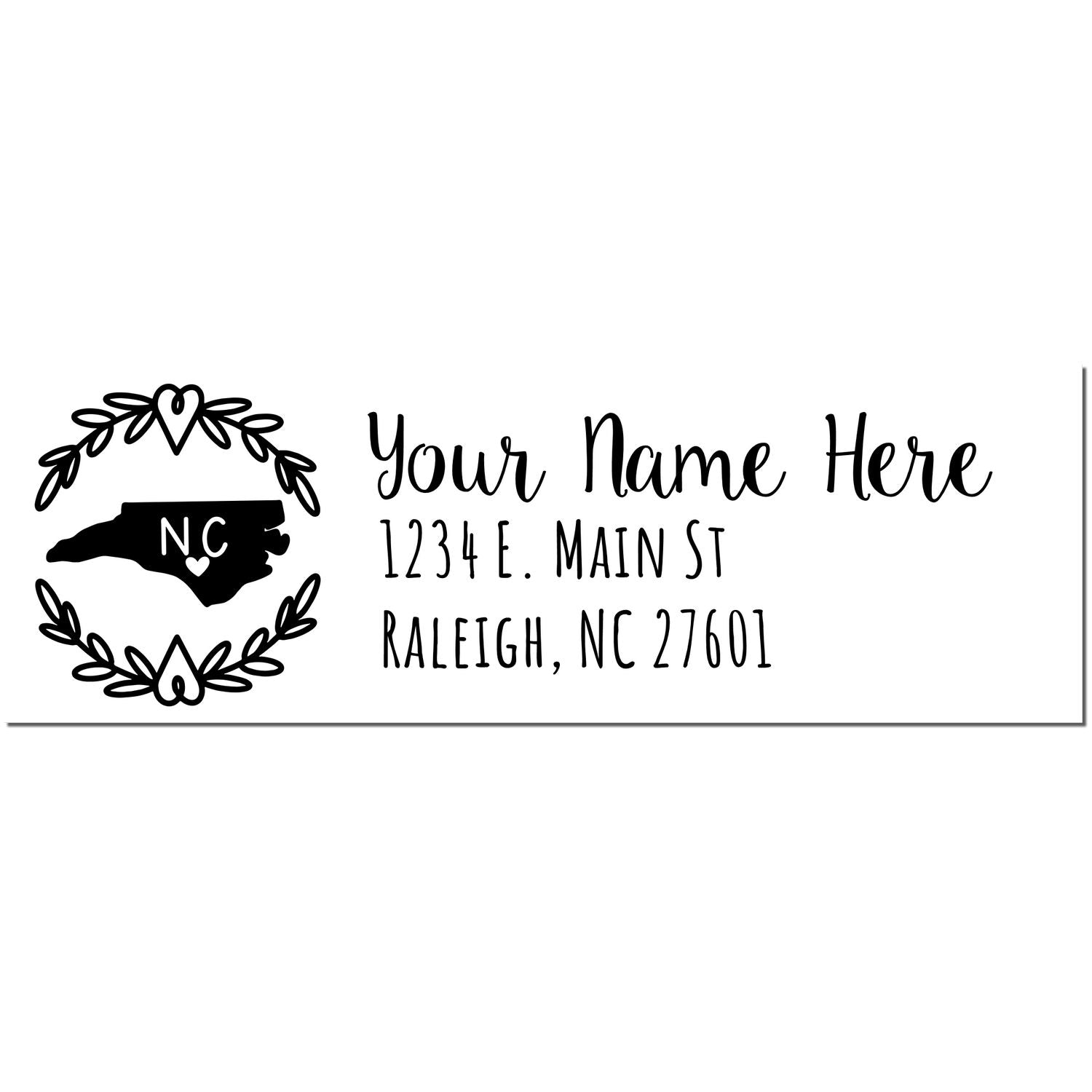 North Carolina State Custom Return Address Stamp featuring a heart-accented state outline and personalized address text in a stylish font. Perfect for adding a personal touch to your mail.