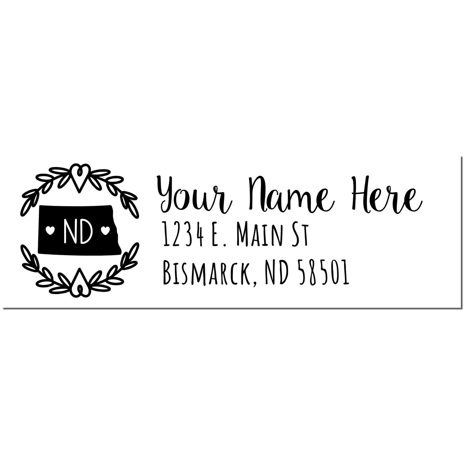 North Dakota State Custom Return Address Stamp featuring a heart-accented state outline and personalized text for name and address. Perfect for adding a personal touch to your mail.