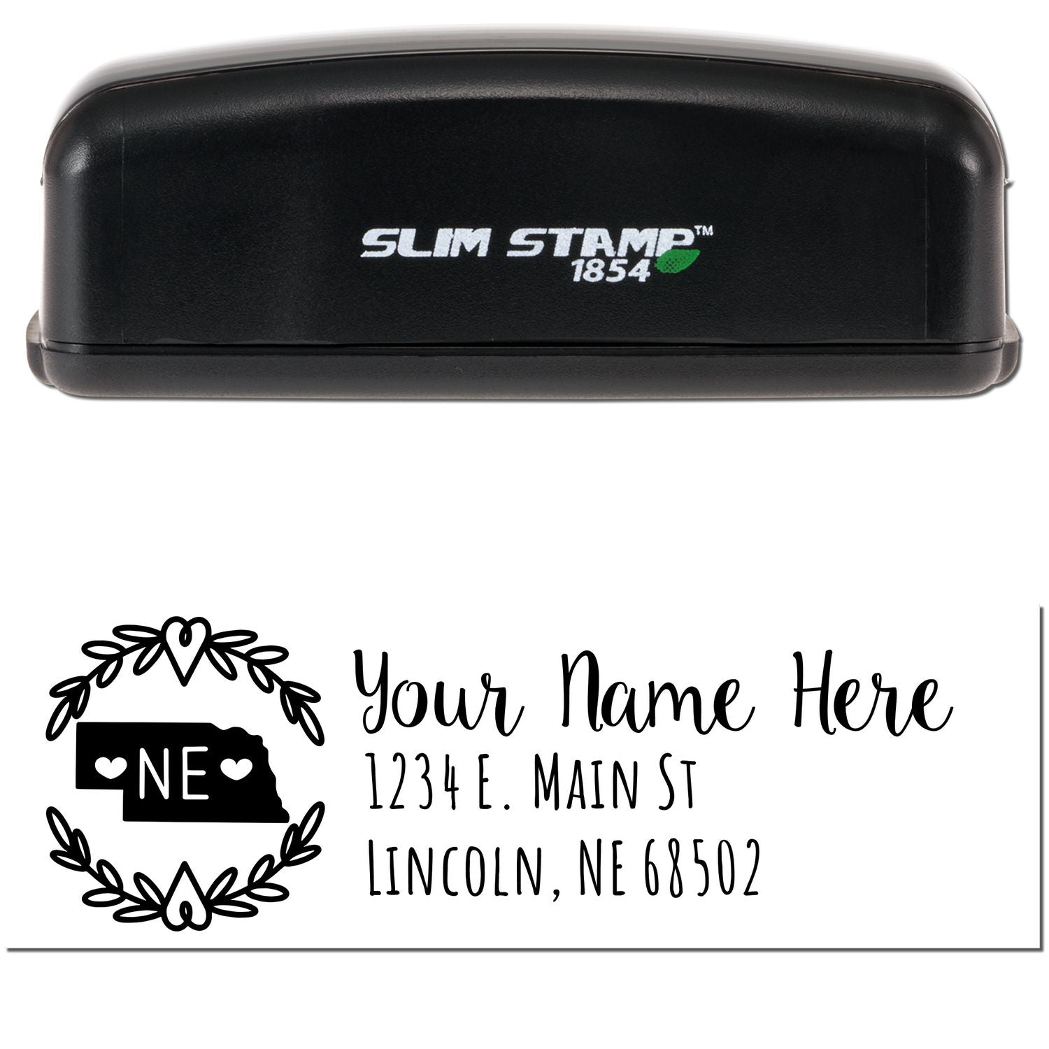 Image of a Slim Nebraska Personalized Pre-Inked Address Stamp with a black casing. Below, a sample address is shown in elegant font with a decorative Nebraska state outline and heart design.