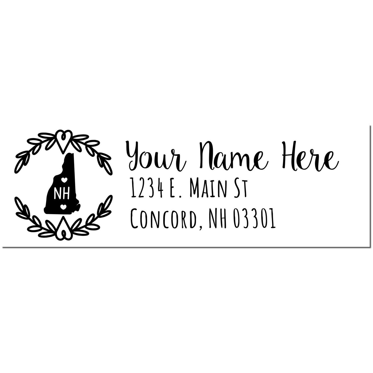 New Hampshire State Custom Return Address Stamp featuring a silhouette of NH with heart accents, personalized text, and decorative border. Ideal for adding a personal touch to mail.