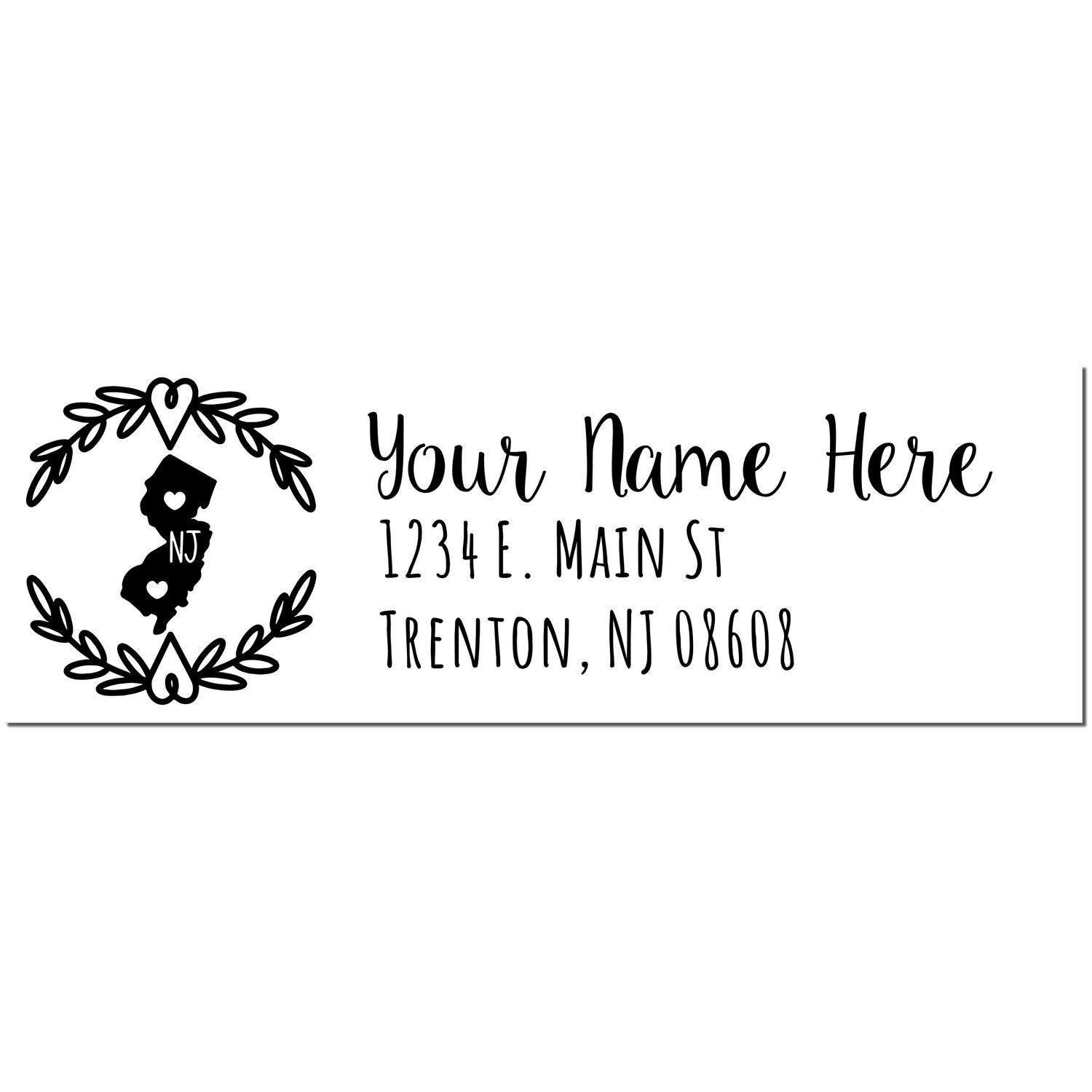 Slim New Jersey Personalized Pre-Inked Address Stamp featuring a decorative NJ state outline with hearts, customizable name, and address in elegant script. Perfect for adding a personal touch to mail.