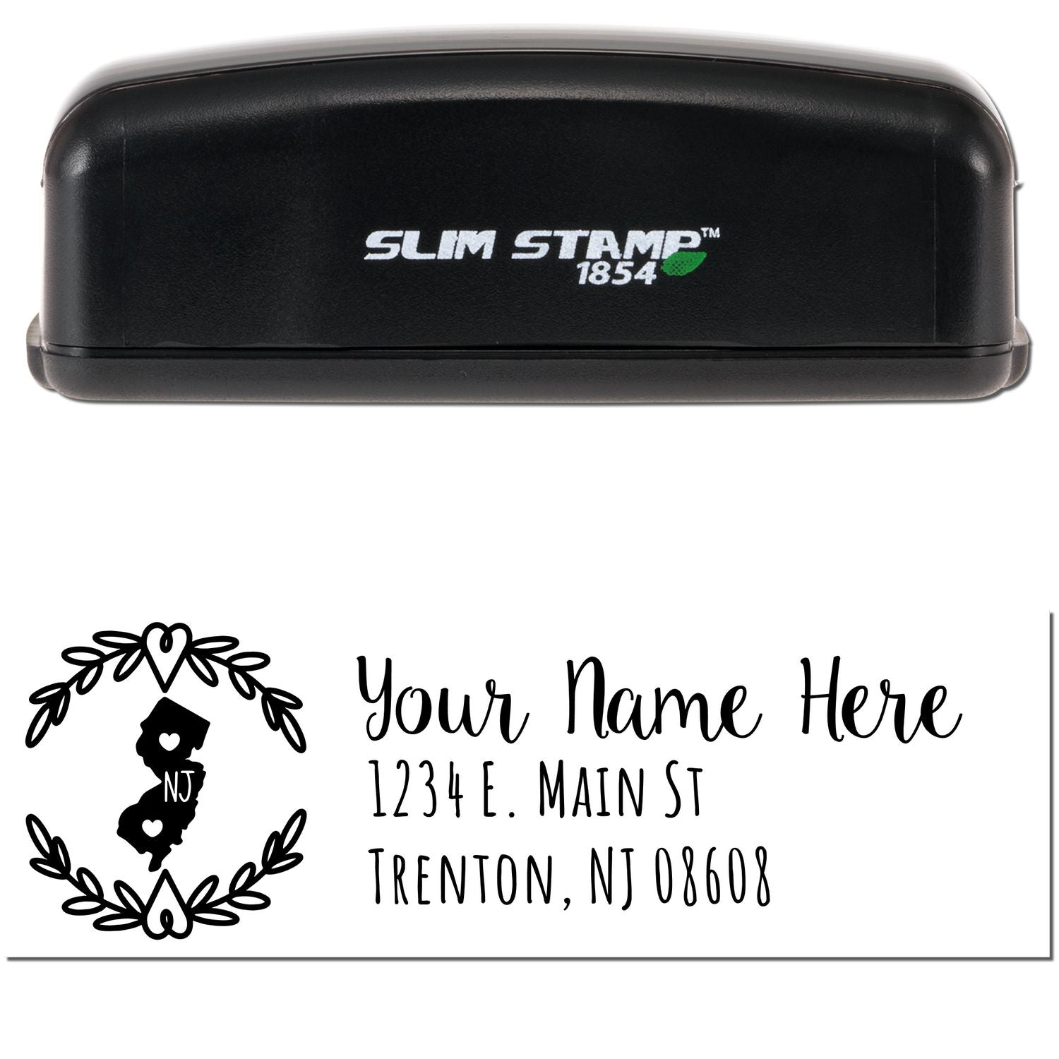 Slim New Jersey Personalized Pre-Inked Address Stamp with black casing, featuring a decorative NJ state outline and customizable address text below.