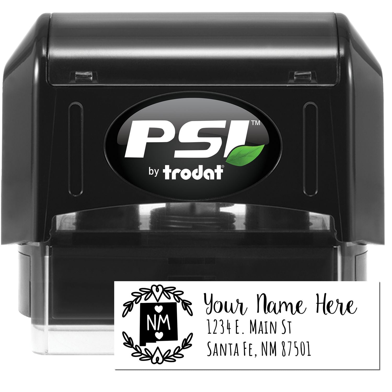 PSI Pre-Inked New Mexico State Customized Address Stamp, featuring a black casing with PSI by Trodat logo, and a sample address layout with decorative elements for personalized stamping.