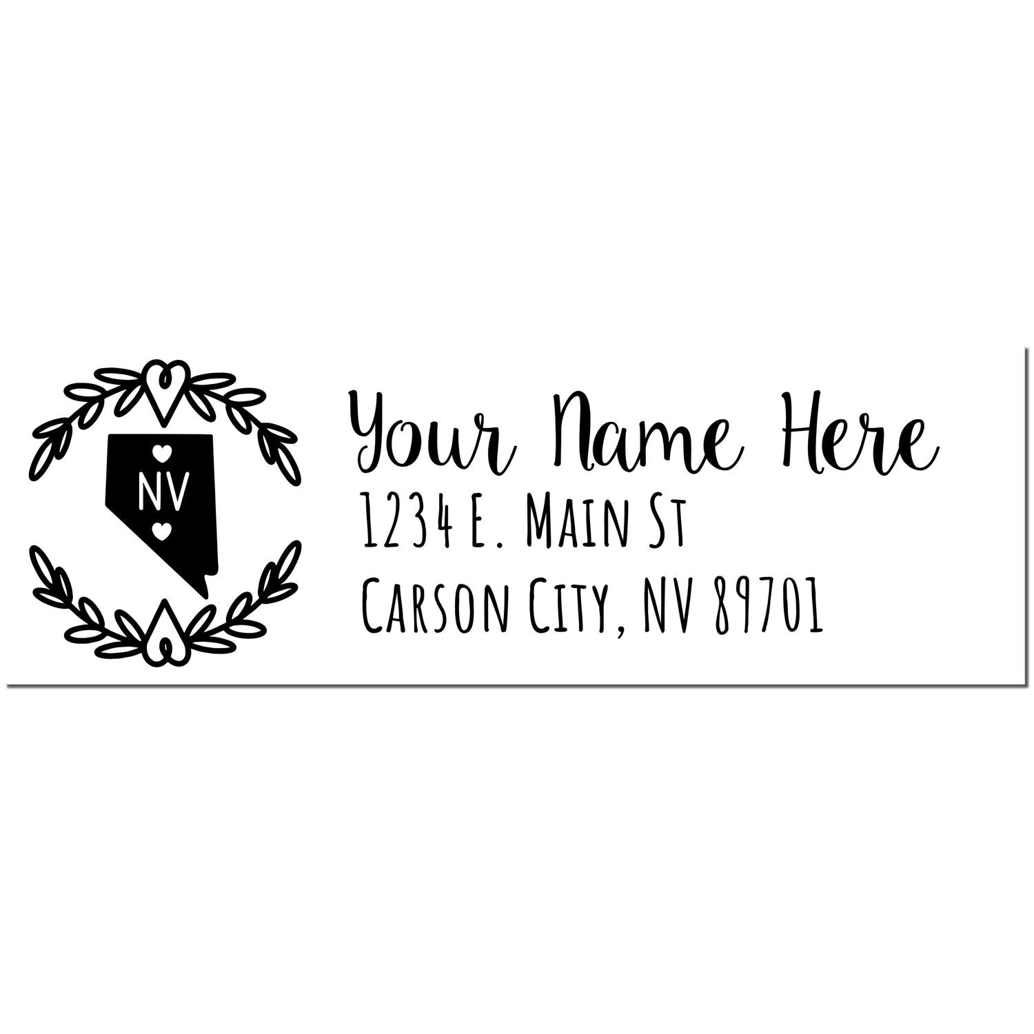 Nevada State Custom Return Address Stamp featuring a black outline of Nevada with NV inside, surrounded by a heart wreath. Personalized text area for name and address in elegant script.