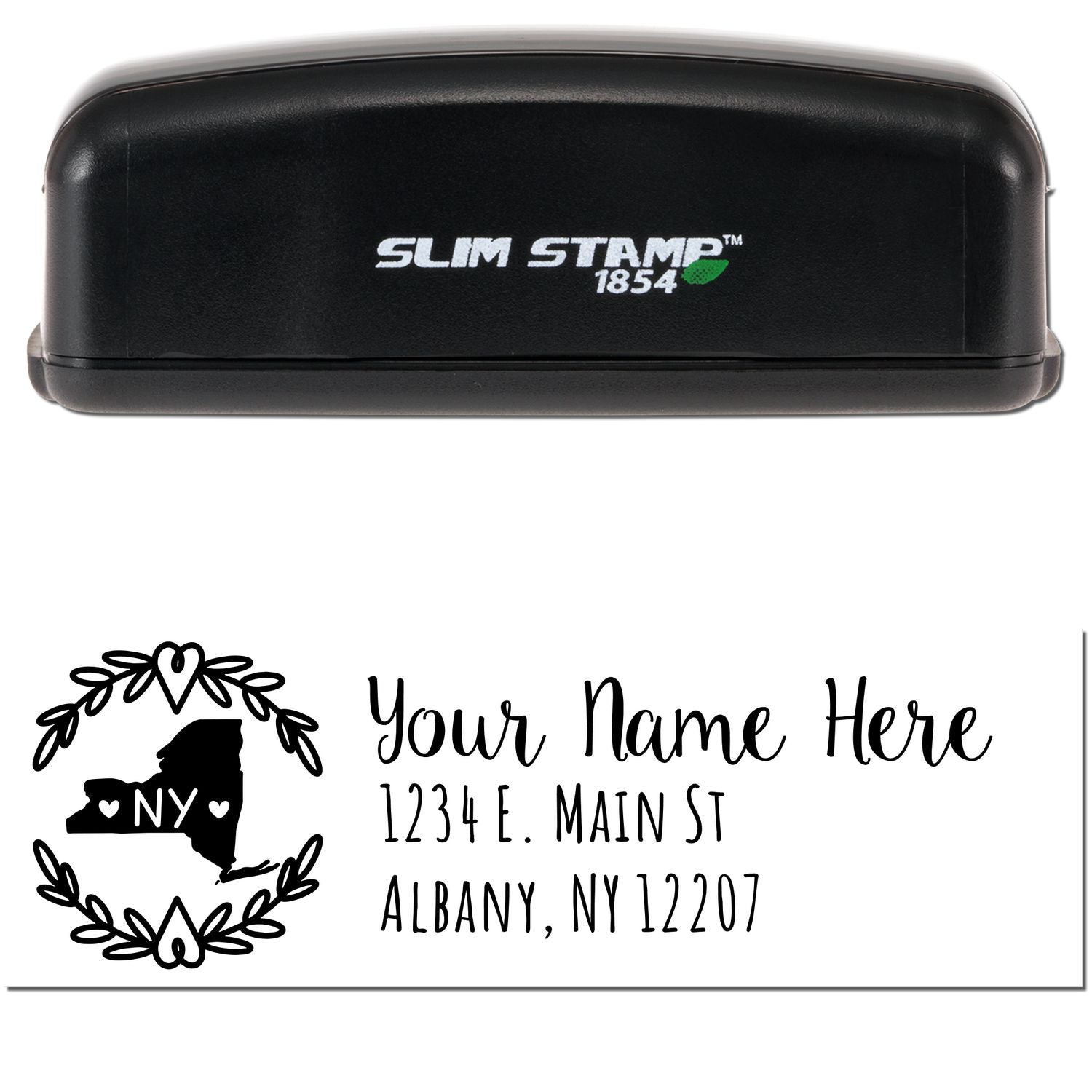 Image of a Slim New York Personalized Pre-Inked Address Stamp with a black casing. Below, a sample imprint shows a decorative New York state outline, customizable name, and address.