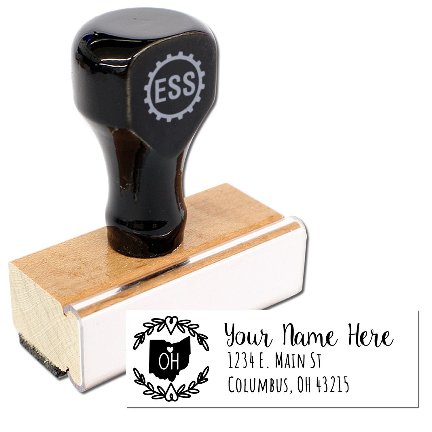 Ohio State Custom Return Address Stamp with a wooden base and black handle. Features a decorative OH design and customizable address text. Perfect for personalizing mail with style.