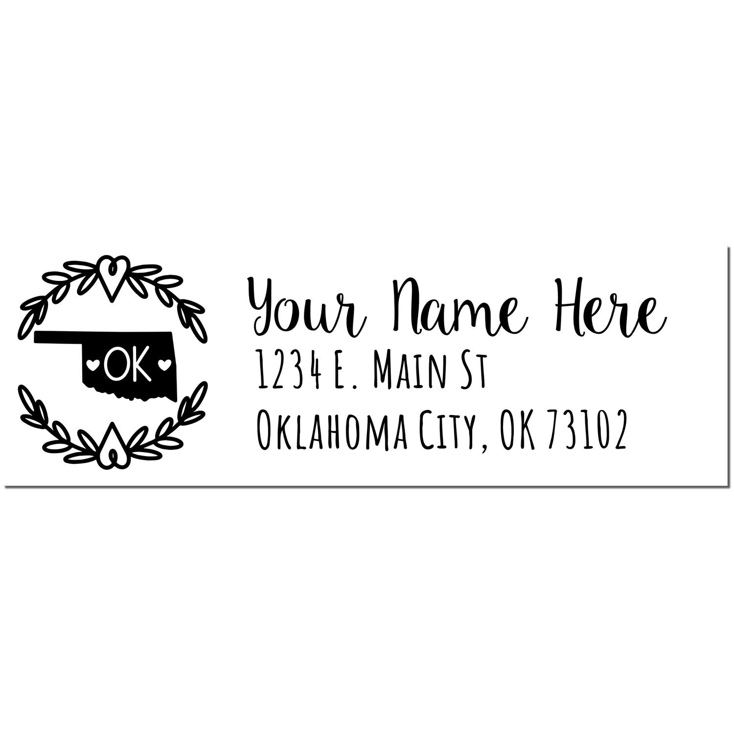 PSI Pre-Inked Oklahoma State Customized Address Stamp featuring a heart-accented Oklahoma outline and space for personalized name and address in a stylish font.