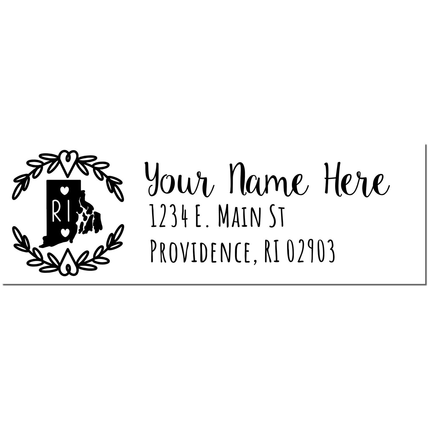 Slim Rhode Island Personalized Pre-Inked Address Stamp featuring a decorative border, state outline, and customizable text for name and address. Perfect for adding a personal touch to mail.