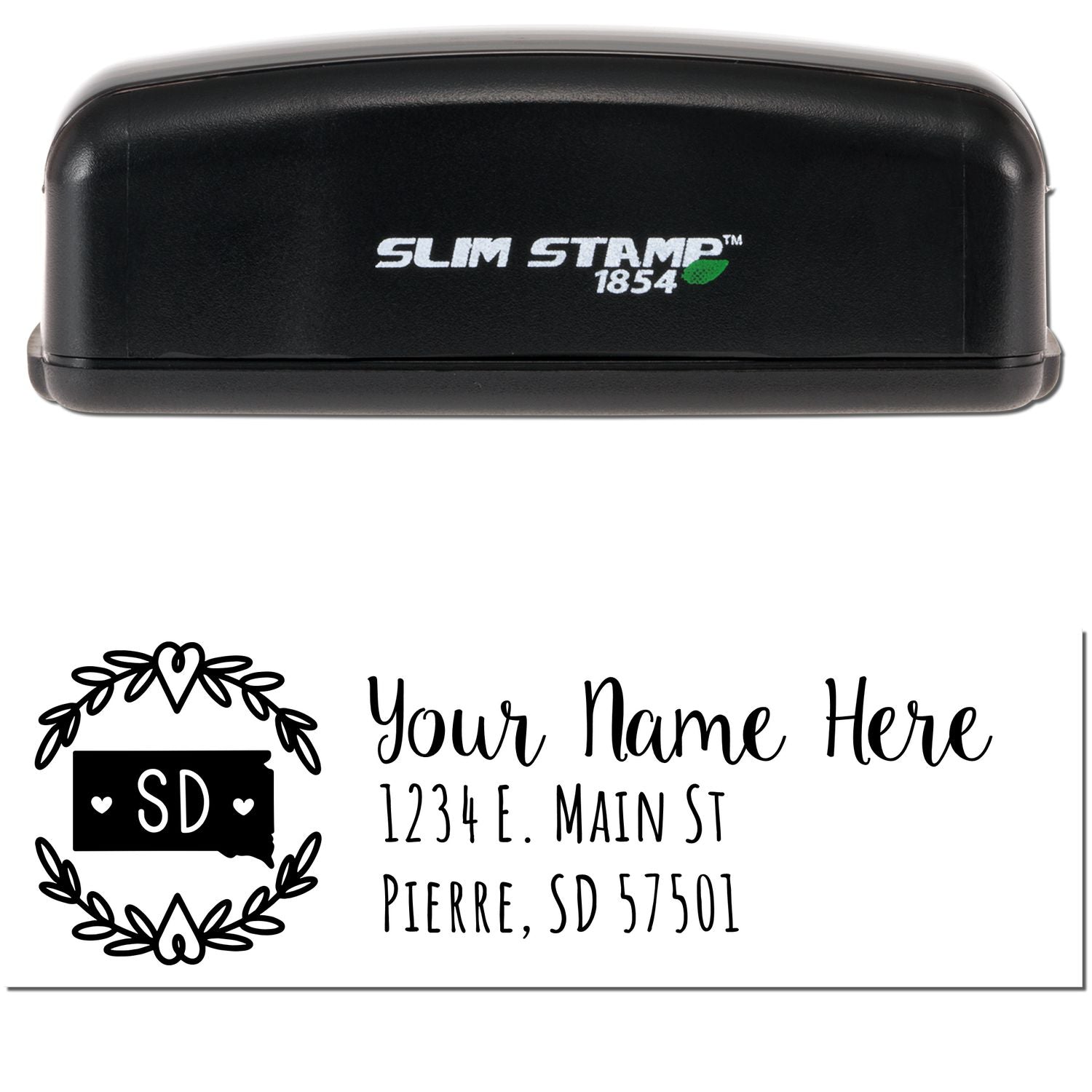 Image of a Slim South Dakota Personalized Pre-Inked Address Stamp, featuring a black casing and a sample address with decorative elements, including a heart and state outline.