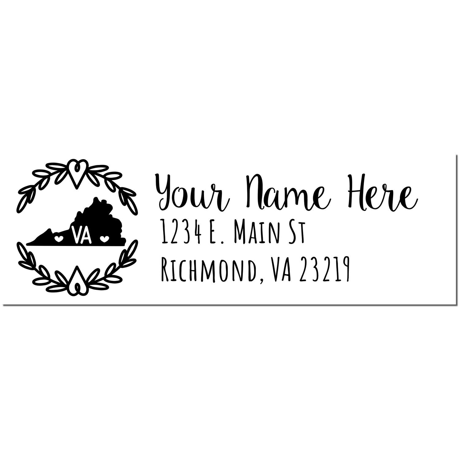 Virginia State Custom Return Address Stamp featuring a silhouette of Virginia with VA inside, surrounded by hearts. Personalize with your name and address in elegant script. Perfect for mailings.