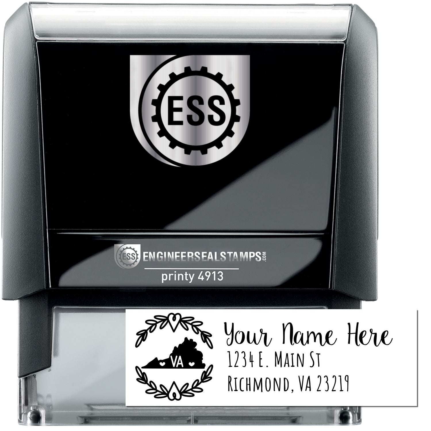 Self-Inking State Wreath of Virginia Address Stamp with a black casing, featuring a Virginia state wreath design. Ideal for personalizing mail with ease and style.