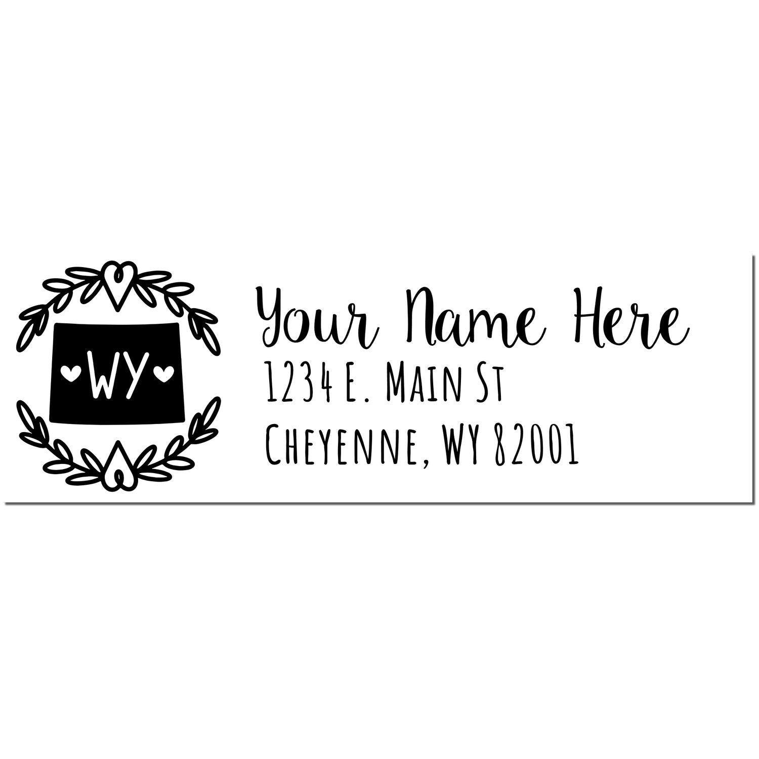 Wyoming State Custom Return Address Stamp featuring a heart and leaf design with WY in the center. Personalize with your name and address in a stylish font. Perfect for adding a personal touch.