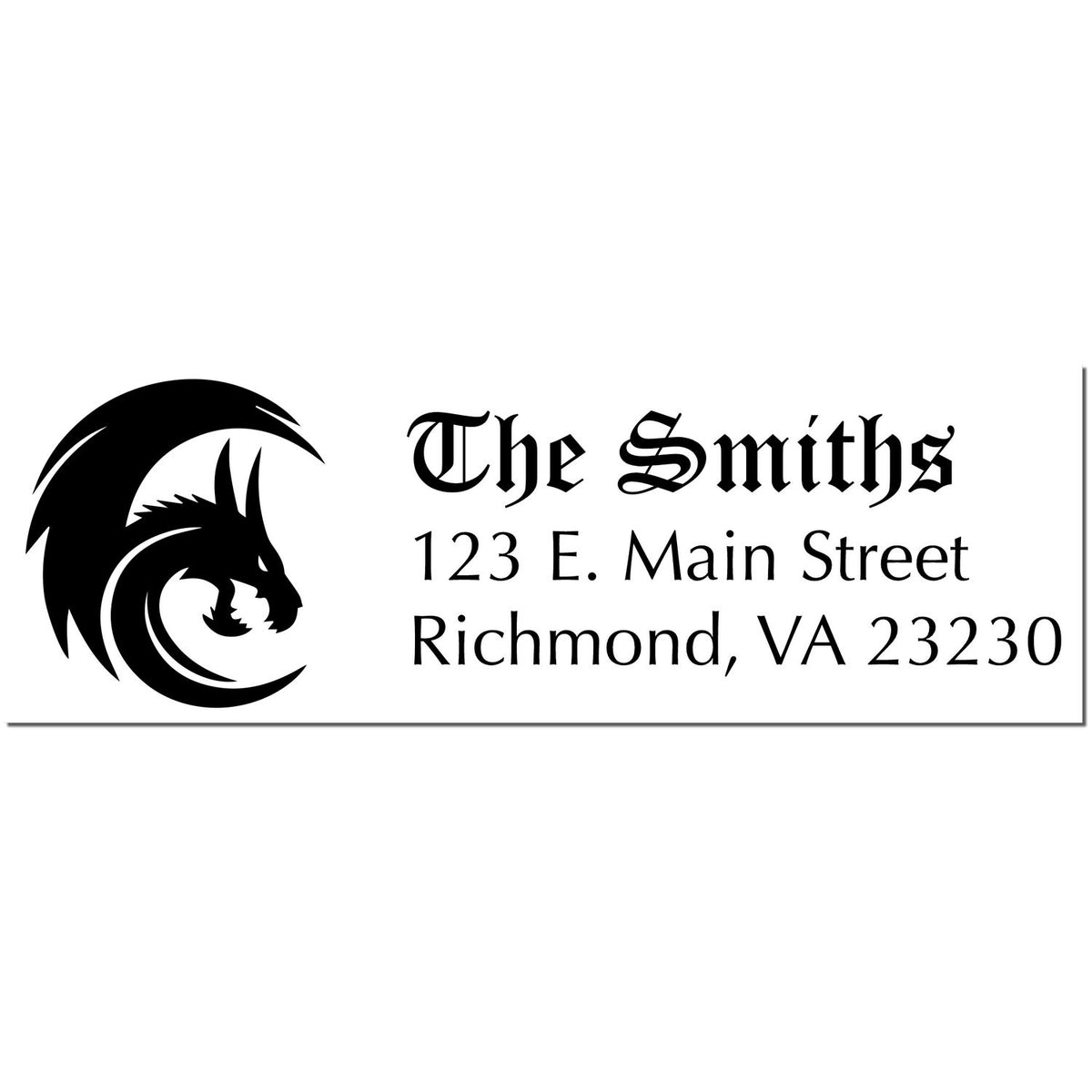 Black custom address stamp seal with dragon logo, reading The Smiths, 123 E. Main Street, Richmond, VA 23230