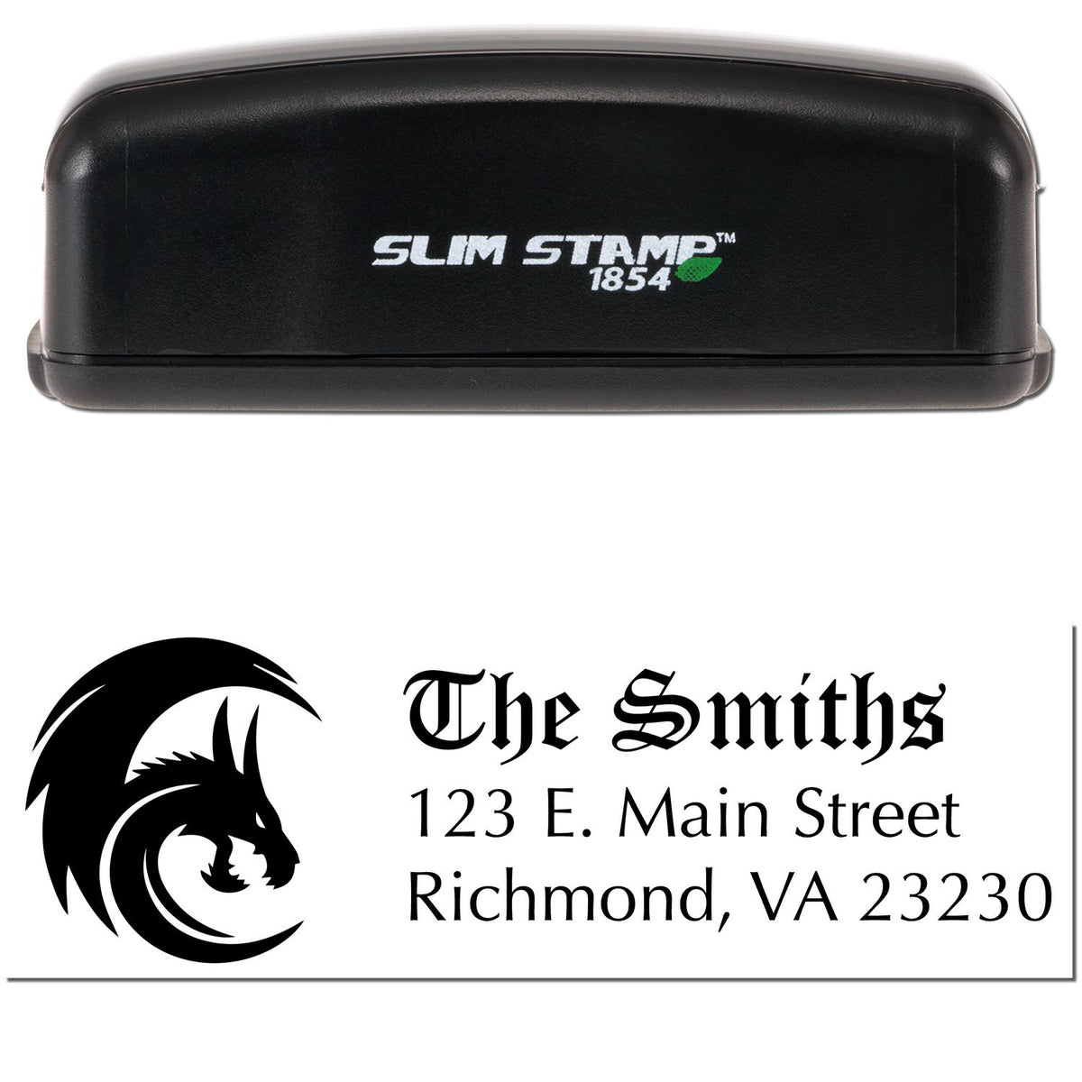 Black Slim Stamp 1854 self-inking stamp and seal with dragon logo, The Smiths address, on white background.