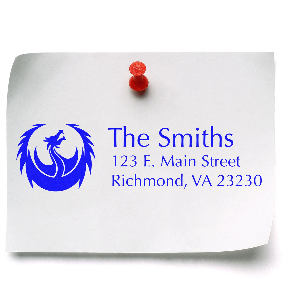 White paper with blue custom stamp seal for The Smiths, phoenix logo, and Richmond, VA address, pinned with a red tack.