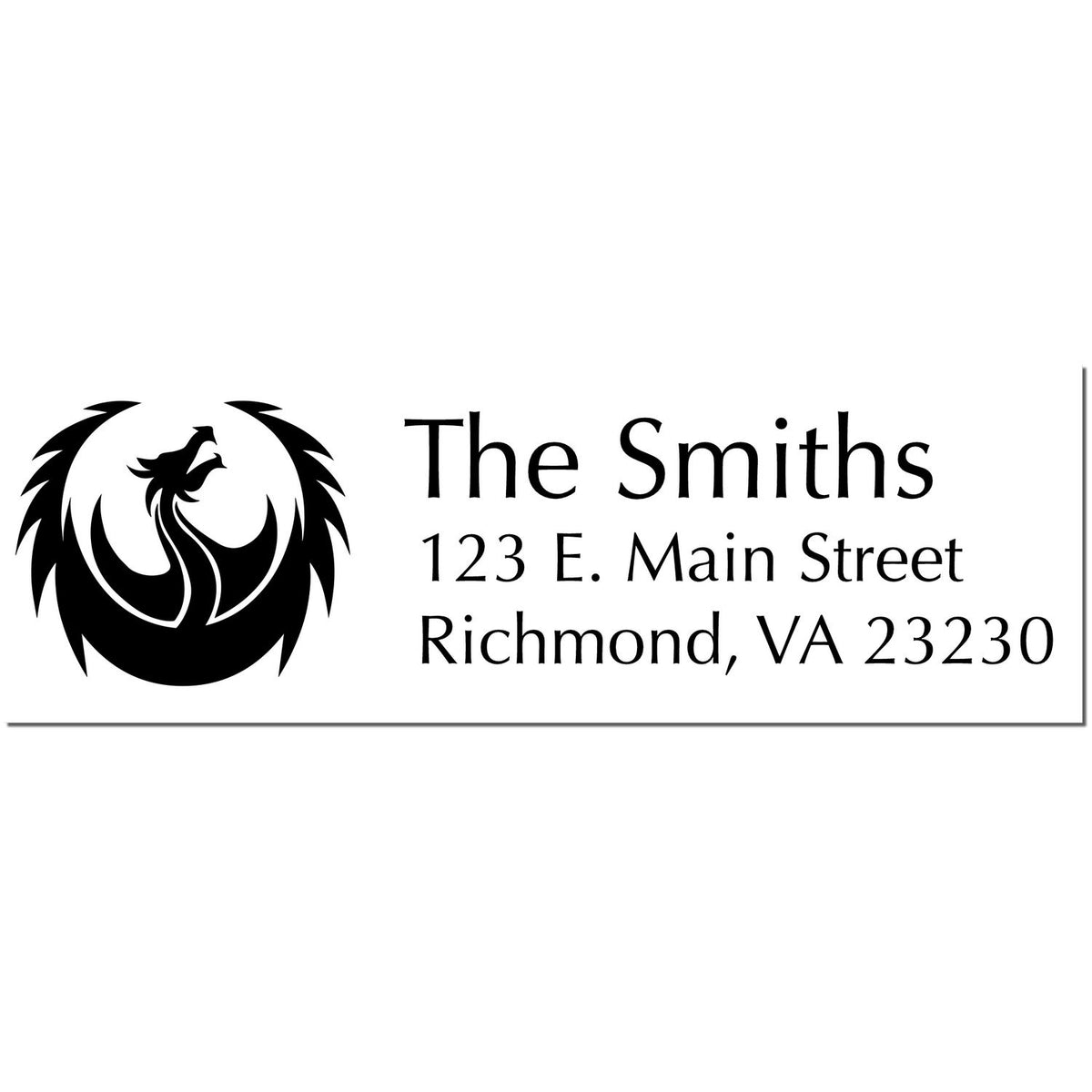 Black custom address stamp and seal with phoenix logo, The Smiths, 123 E. Main Street, Richmond, VA 23230.