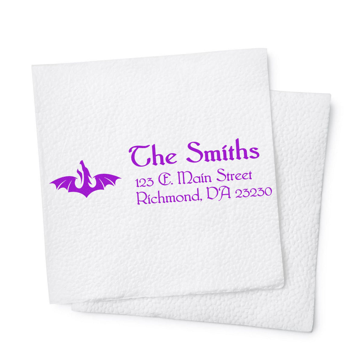 White textured paper with purple custom stamp and seal, featuring bat logo, The Smiths, and address in decorative lettering.