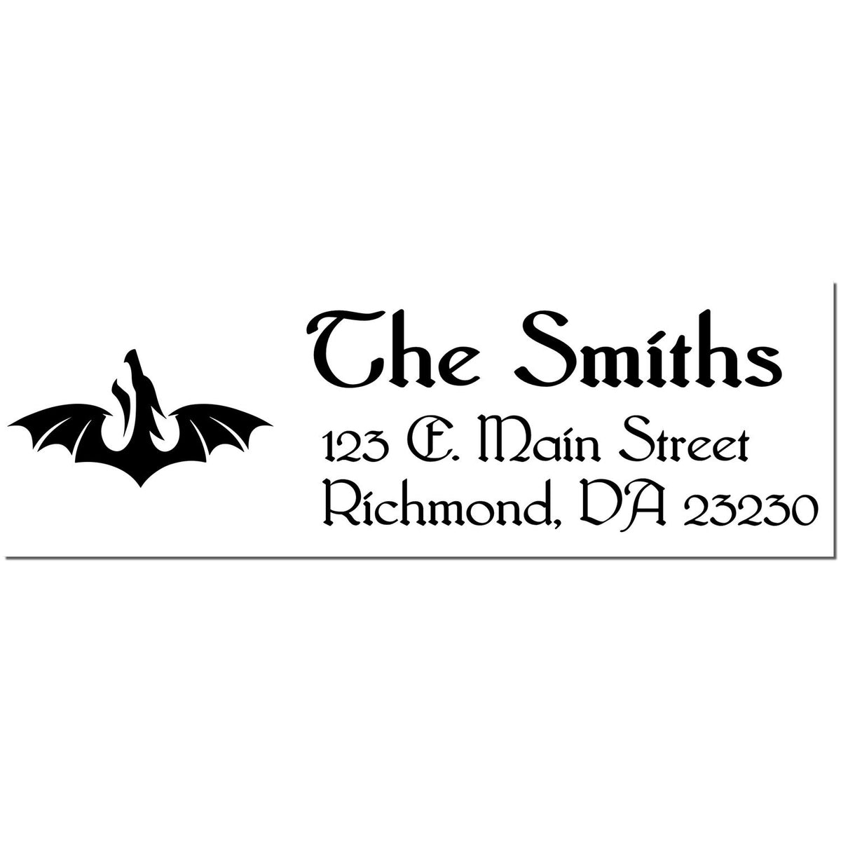 Black custom stamp and seal with bat logo and gothic text: The Smiths, 123 E. Main Street, Richmond, VA 23230.