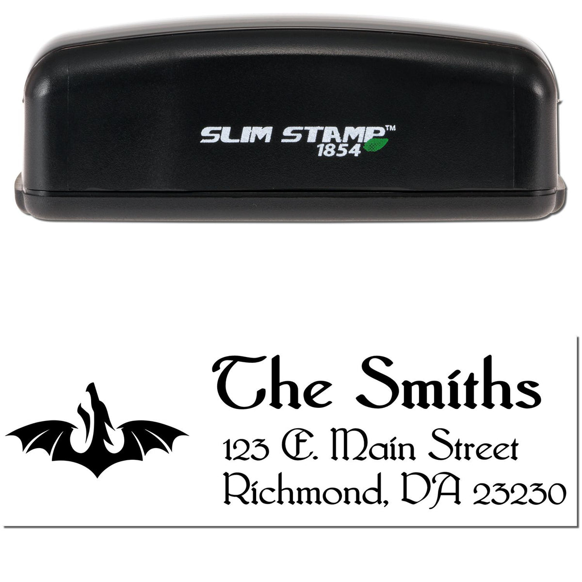 Black Slim Stamp 1854 self-inking stamp with custom black address seal and bat logo.