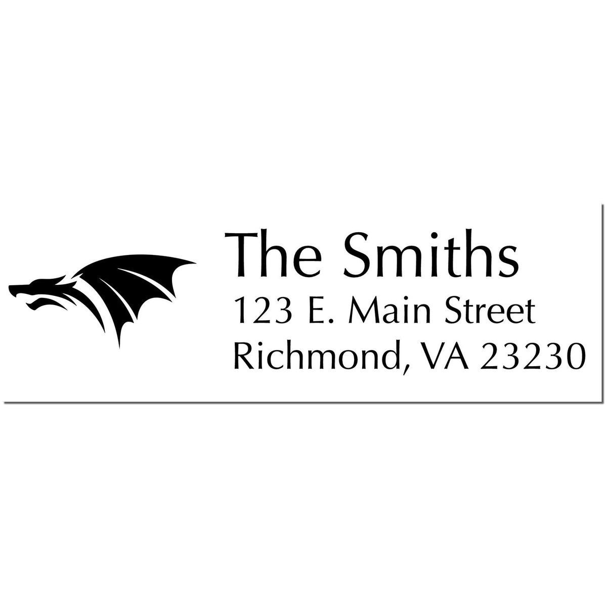 Black dragon address stamp seal reading The Smiths, 123 E. Main Street, Richmond, VA 23230