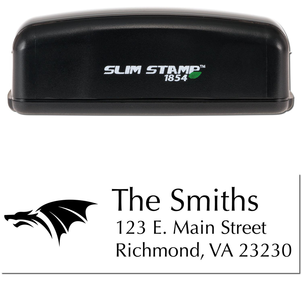 Black Slim Stamp 1854 self-inking stamp with custom dragon seal for The Smiths, Richmond, VA address