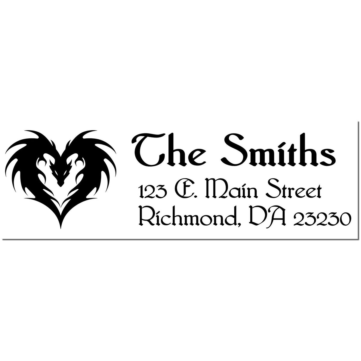 Black return address stamp and seal with heart-shaped dragon logo, The Smiths, 123 E. Main Street, Richmond, VA 23230