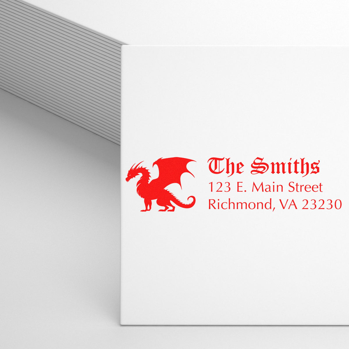 White stamp and seal sheets with a red dragon logo and The Smiths address in bold red text.