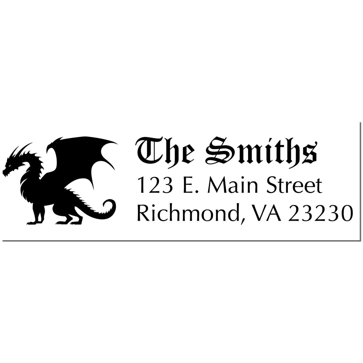 Black custom address stamp with dragon logo, The Smiths, 123 E. Main Street, Richmond, VA 23230