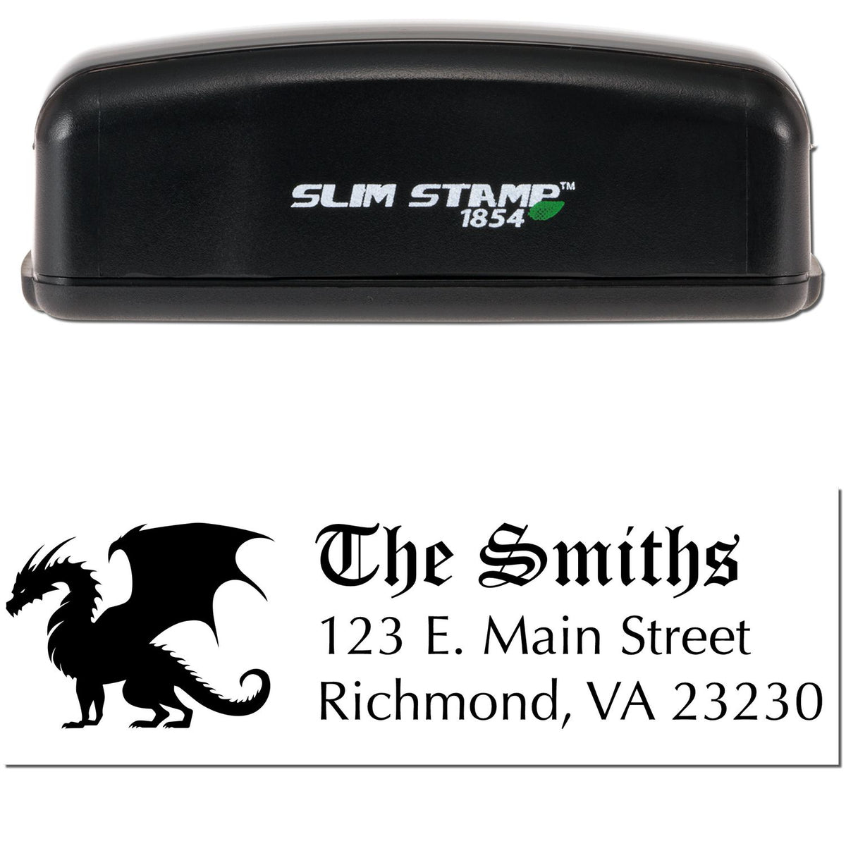 Black Slim Stamp 1854 seal with dragon logo and custom business address for The Smiths in black text.
