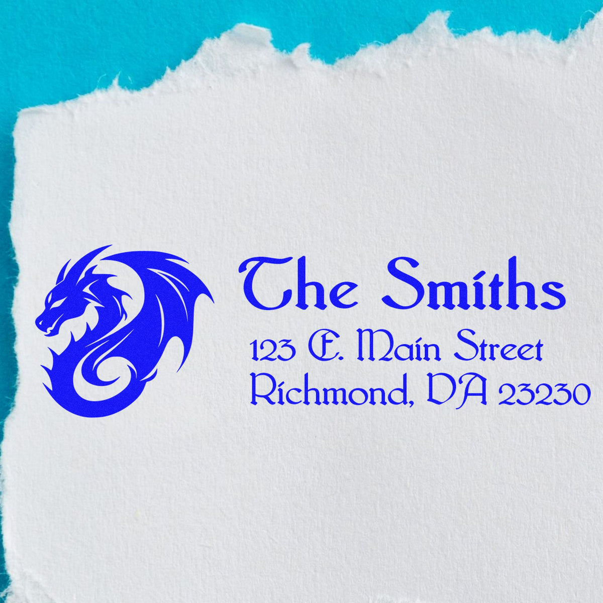 Blue dragon logo custom address stamp and seal on white textured paper, with The Smiths and Richmond, VA address.
