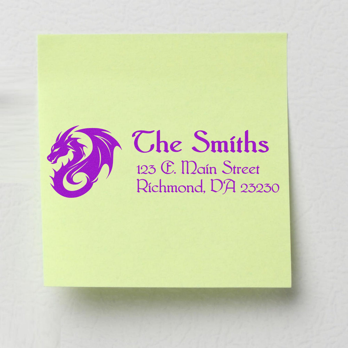 Lime green custom stamp and seal card with purple dragon logo, The Smiths name, and Richmond, VA address.
