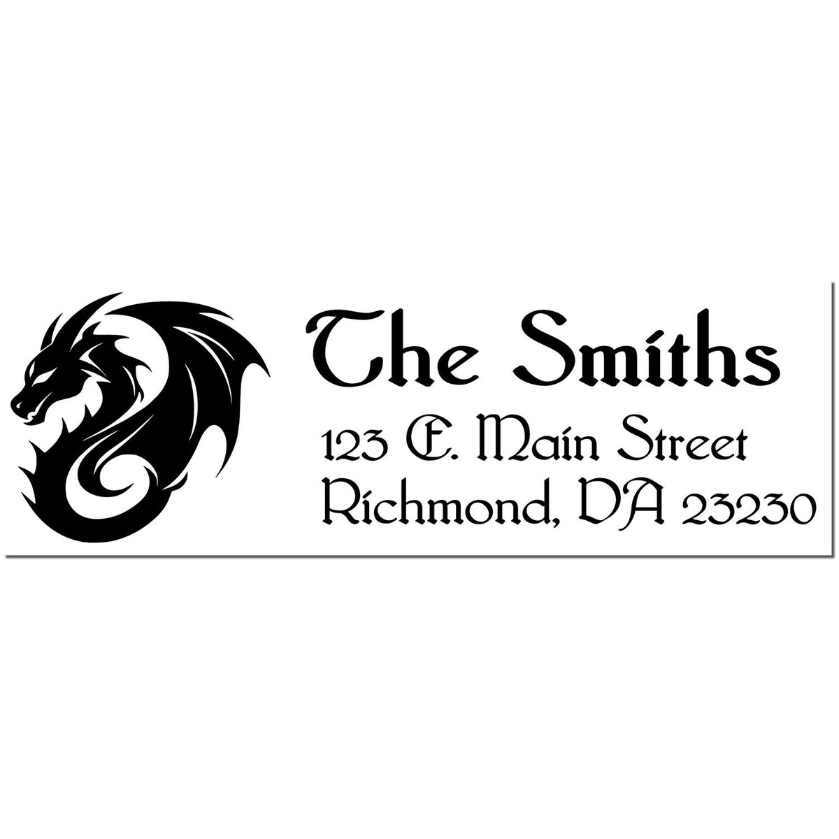 Black custom address stamp with dragon logo, The Smiths, and Richmond, VA 23230 on a white background.