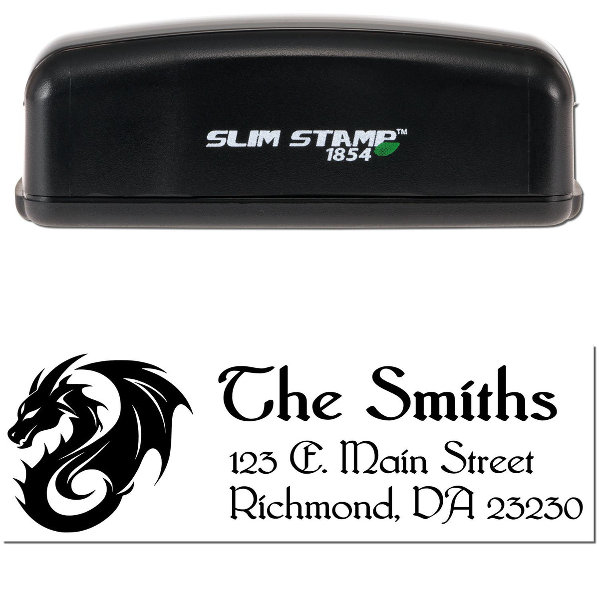 Black Slim Stamp 1854 self-inking stamp and custom seal with dragon logo, The Smiths, and Richmond, VA address.