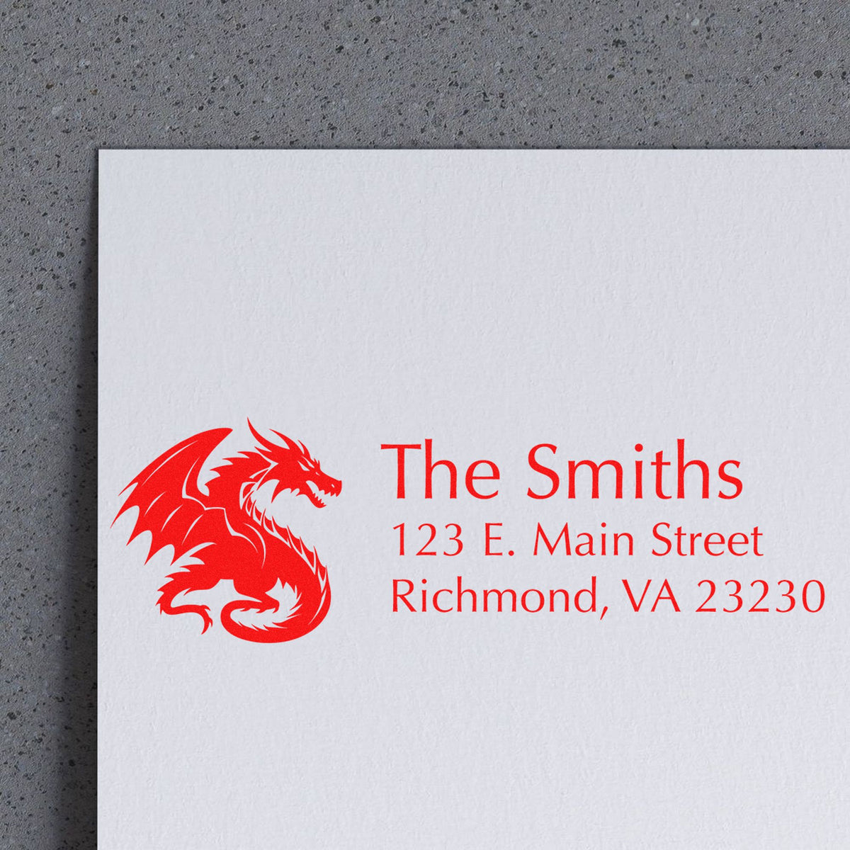 Custom red dragon stamp and seal on white paper with The Smiths and Richmond, VA address.