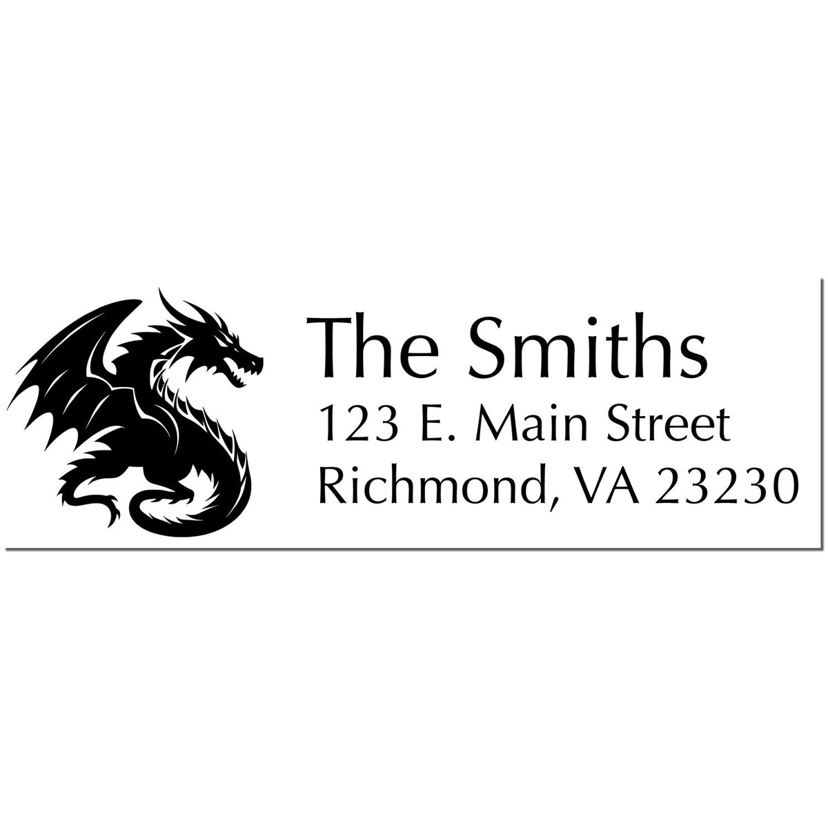 Black custom address stamp/seal with dragon logo for The Smiths, 123 E. Main Street, Richmond, VA 23230.