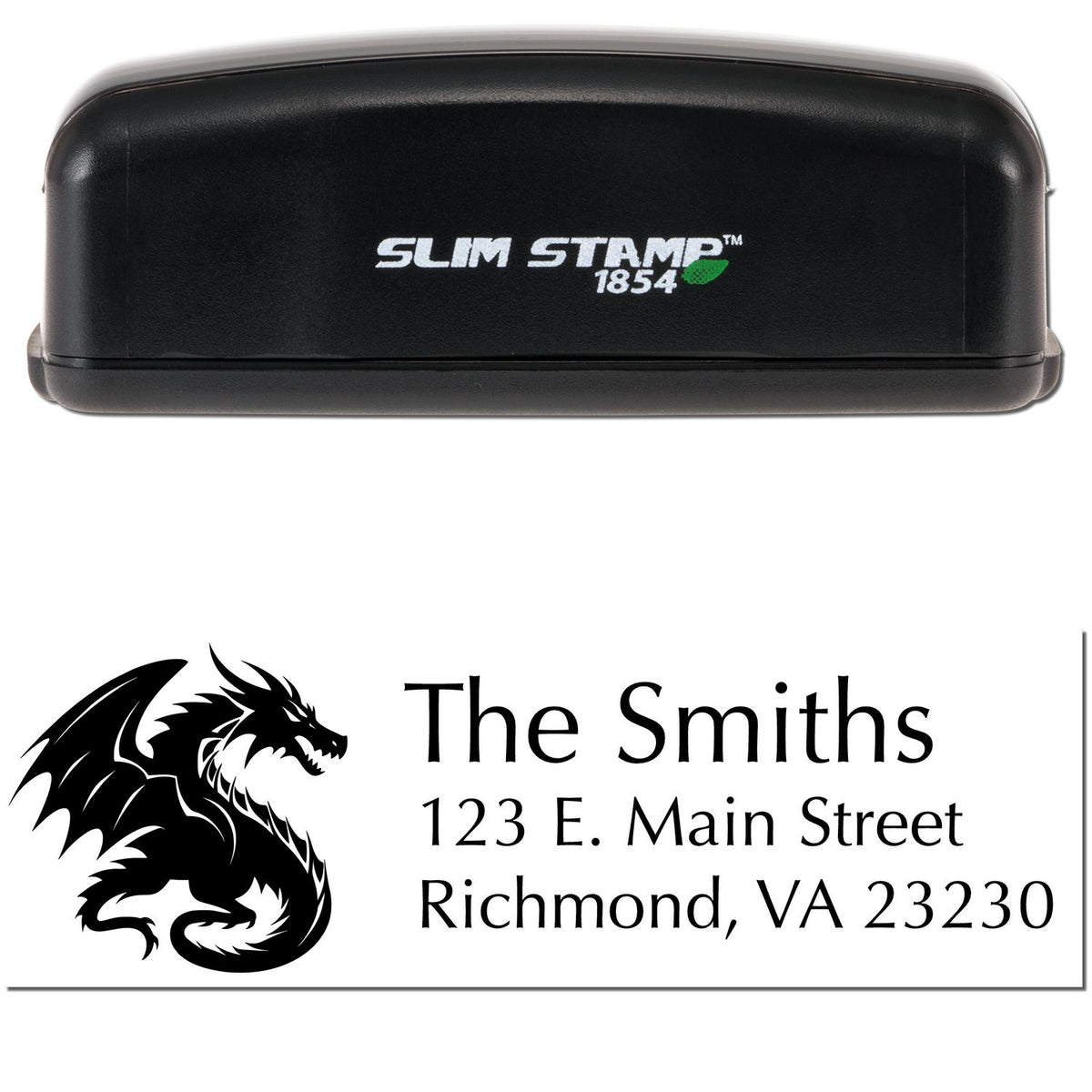 Black Slim Stamp 1854 self-inking stamp with dragon seal for The Smiths, showing address in black text.