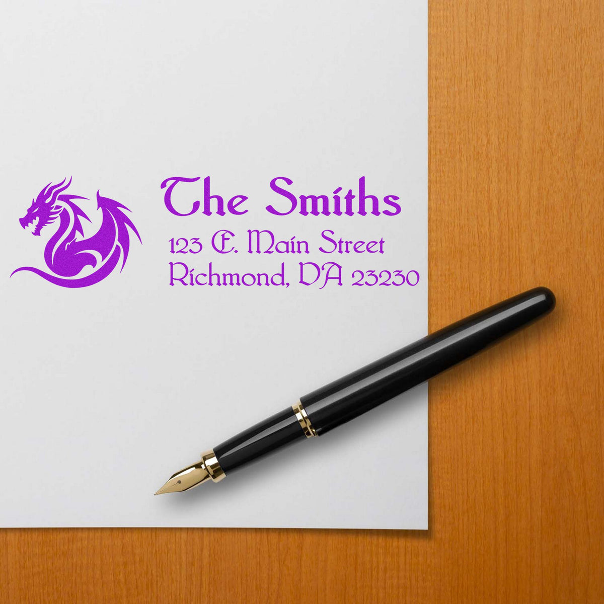 Purple custom stamp and seal for The Smiths, with dragon logo, address, and black fountain pen on white paper.