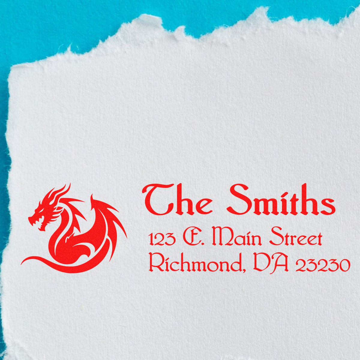 Custom red dragon stamp and seal on white textured paper, with The Smiths and Richmond, VA address on blue background.