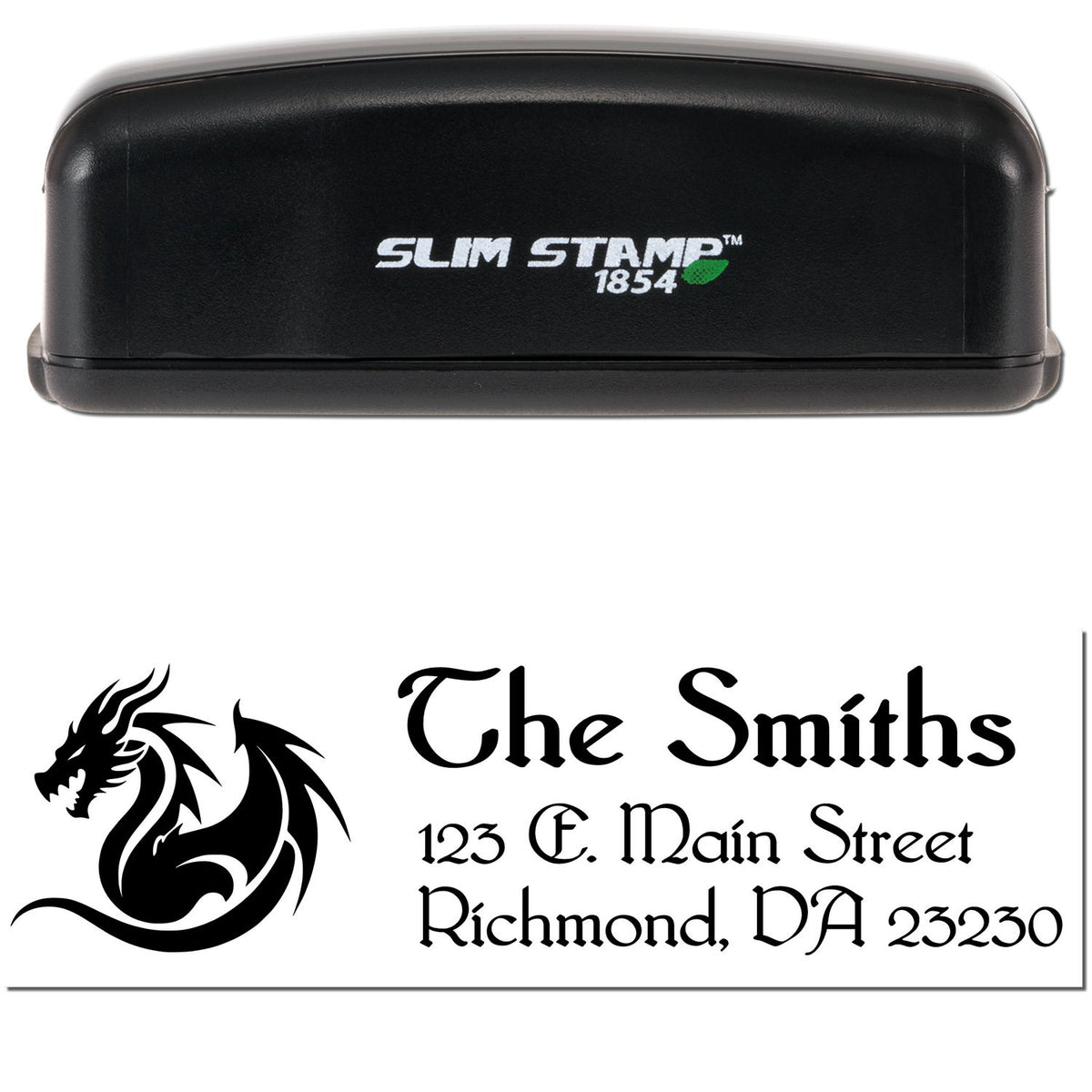 Black Slim Stamp 1854 self-inking stamp with custom dragon seal and gothic address text on white background.