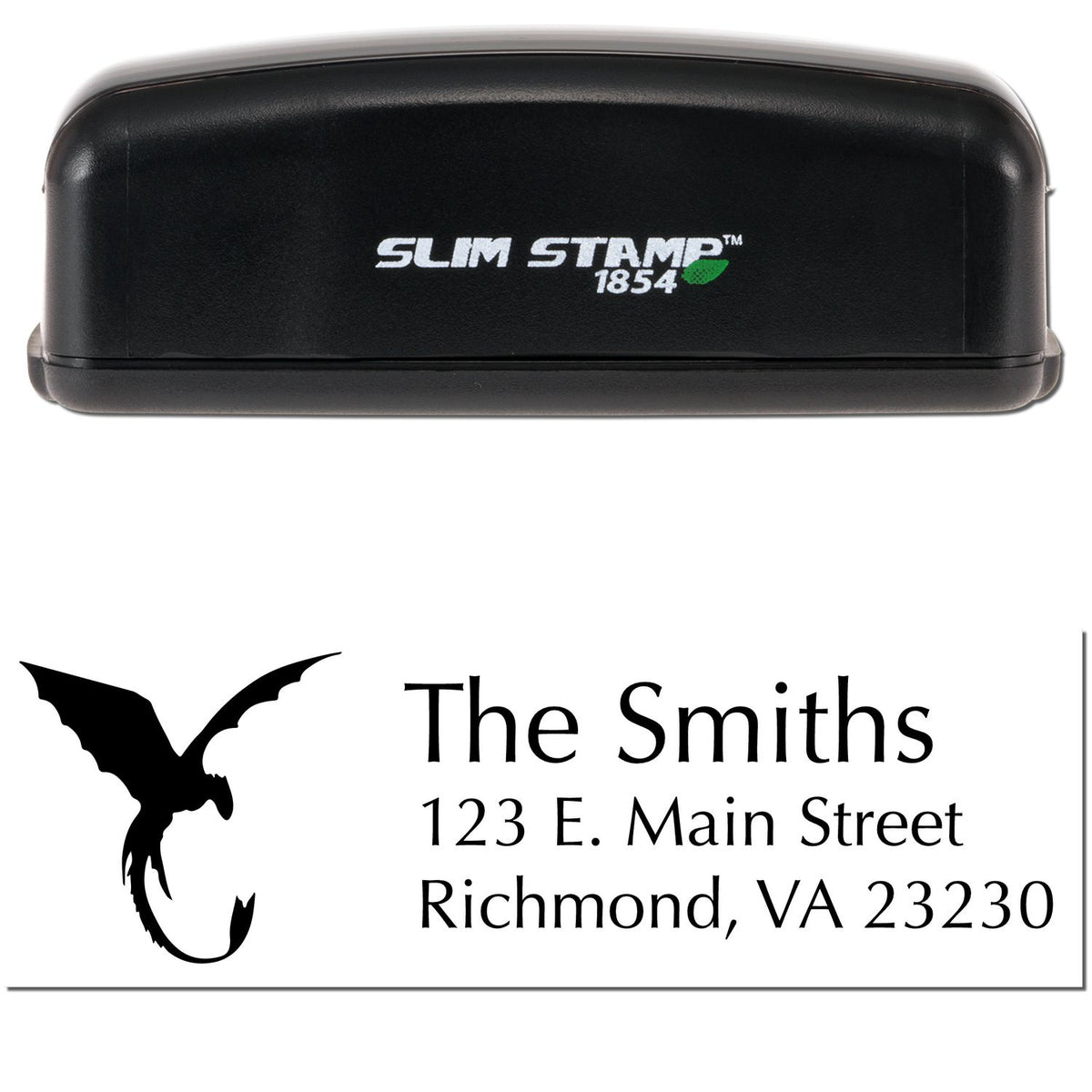 Black Slim Stamp 1854 self-inking stamp and custom seal with eagle silhouette, The Smiths address in black text.