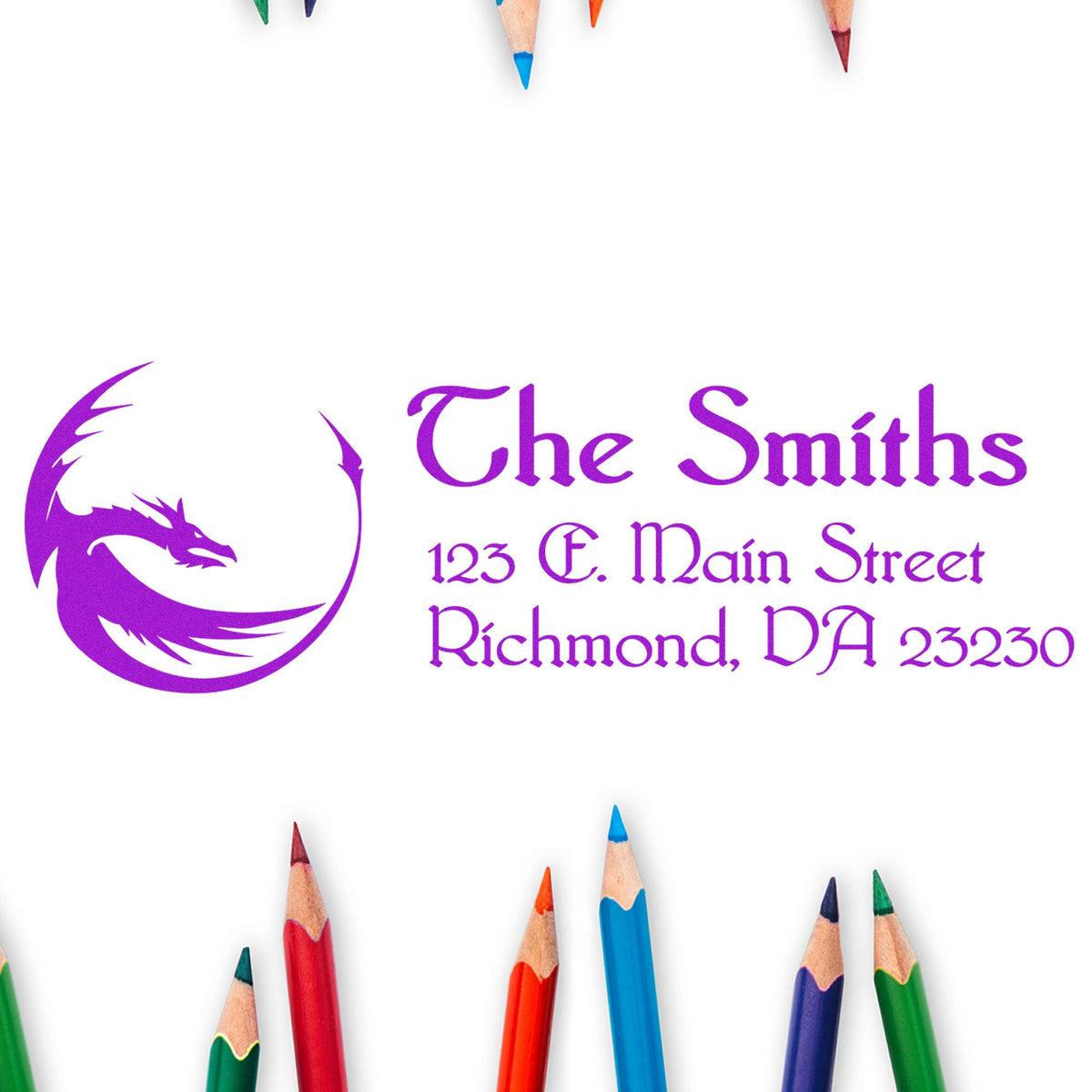 Purple custom stamp and seal for The Smiths with dragon logo, address, and colorful pencils.