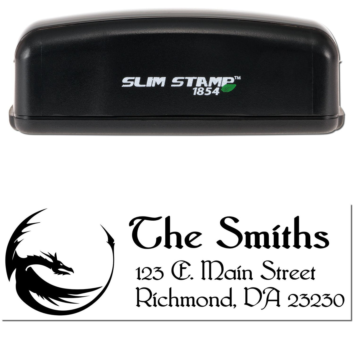 Black Slim Stamp 1854 self-inking stamp with custom dragon seal and The Smiths address in black.